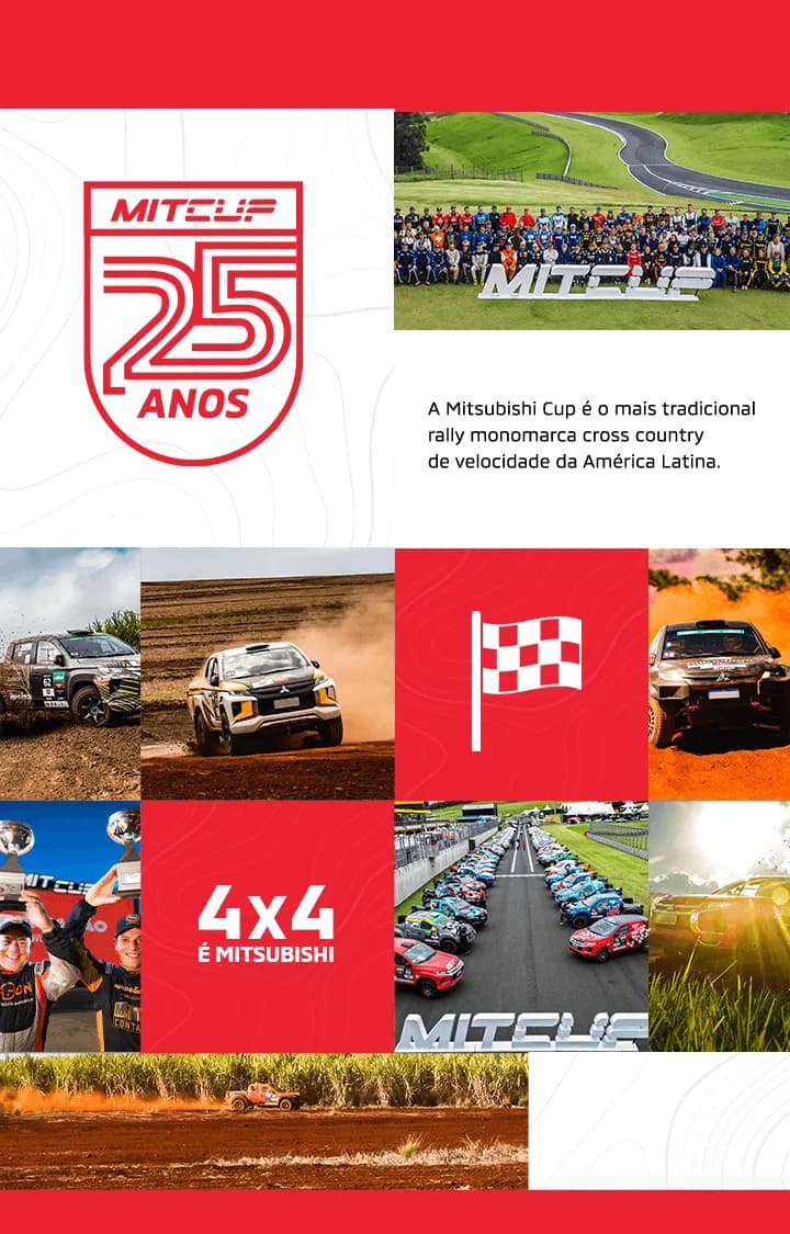 Foto de um veículo Mitsubishi em uma estrada de terra participando da MIT Cup e no centro da imagem temos escrito em branco MIT CUP